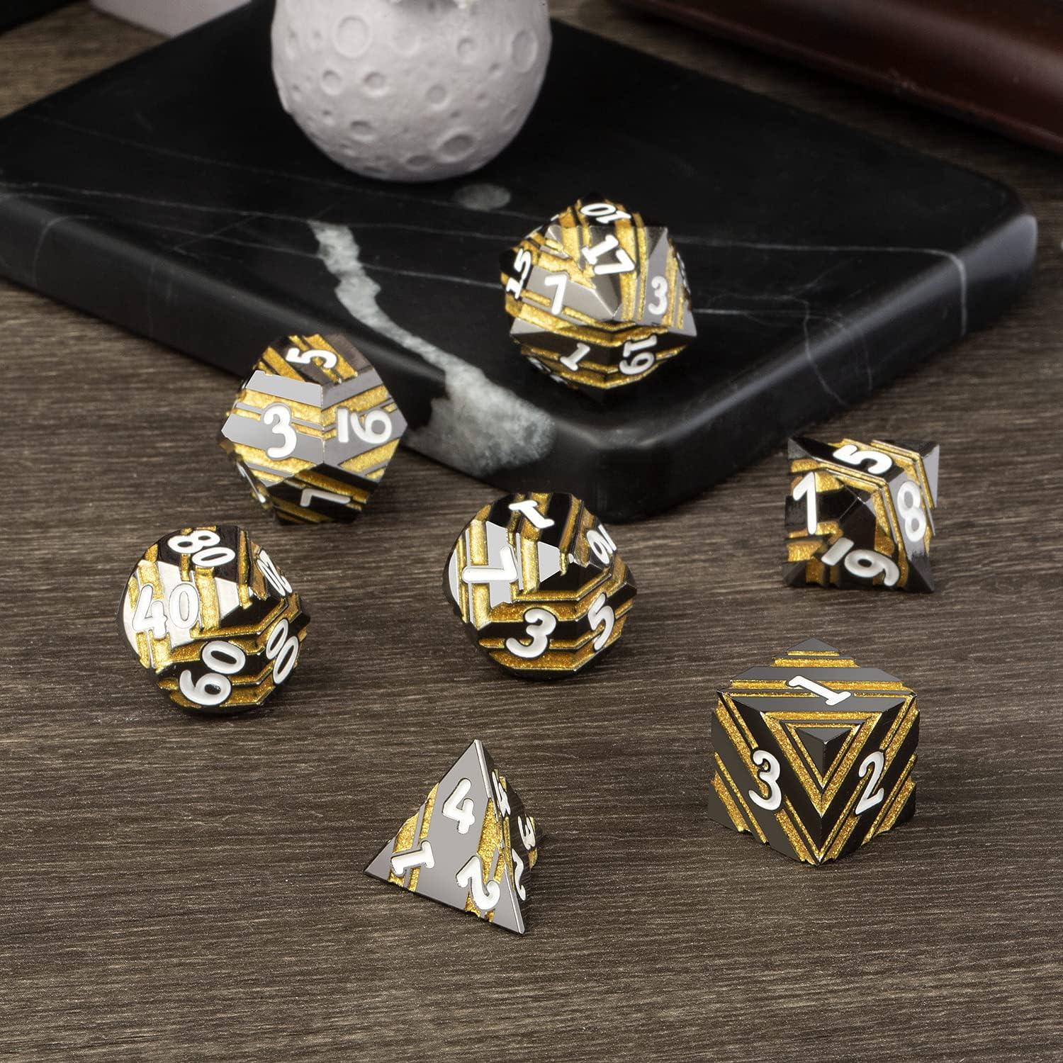 Gilded Onyx Stripe Metal Dice Set - Living Skies Games