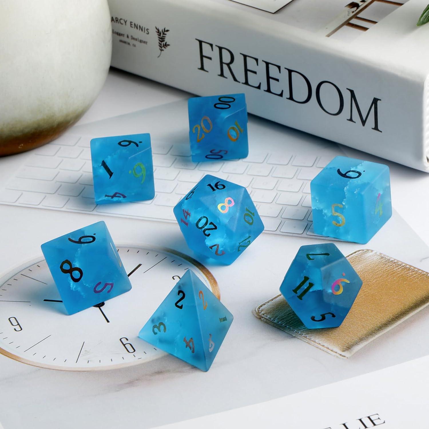 Glacial Rift Frosted Blue Fissure Glass Dice Set - Living Skies Games