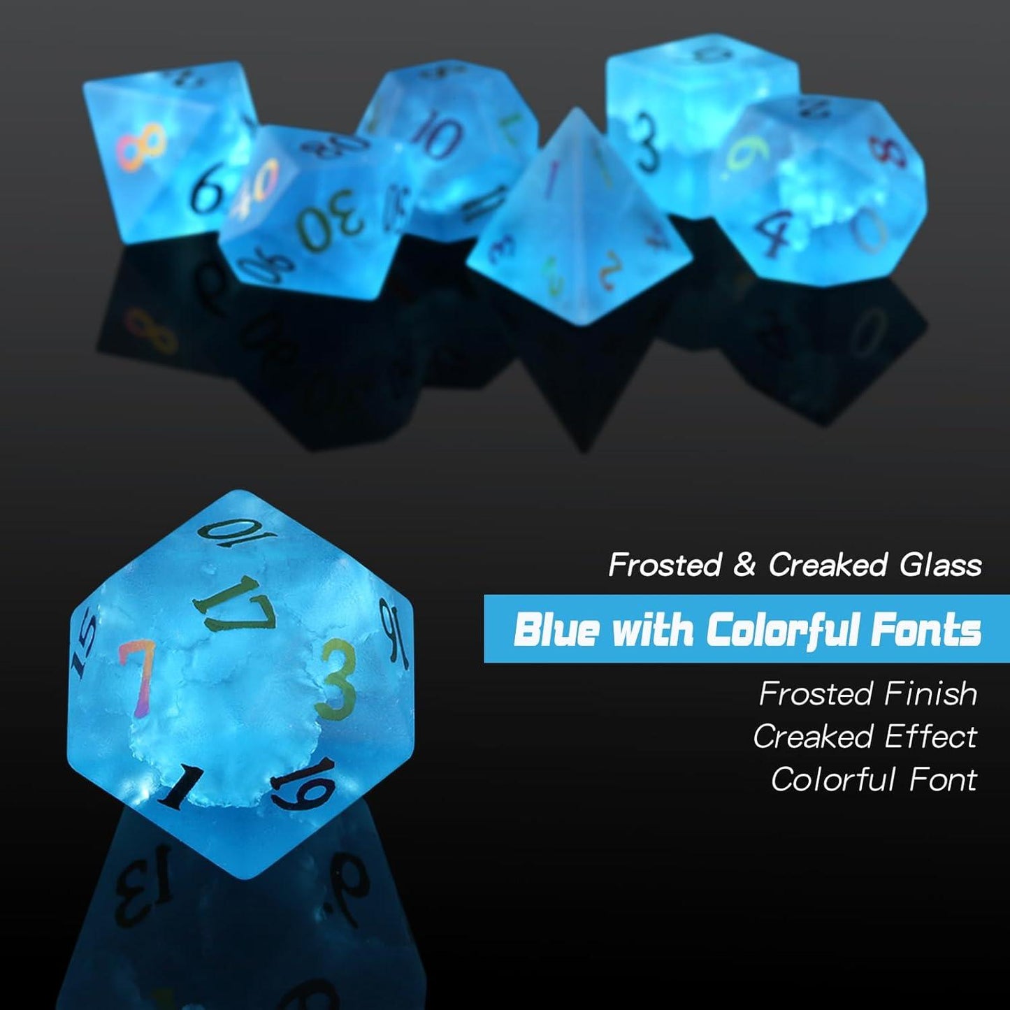 Glacial Rift Frosted Blue Fissure Glass Dice Set - Living Skies Games