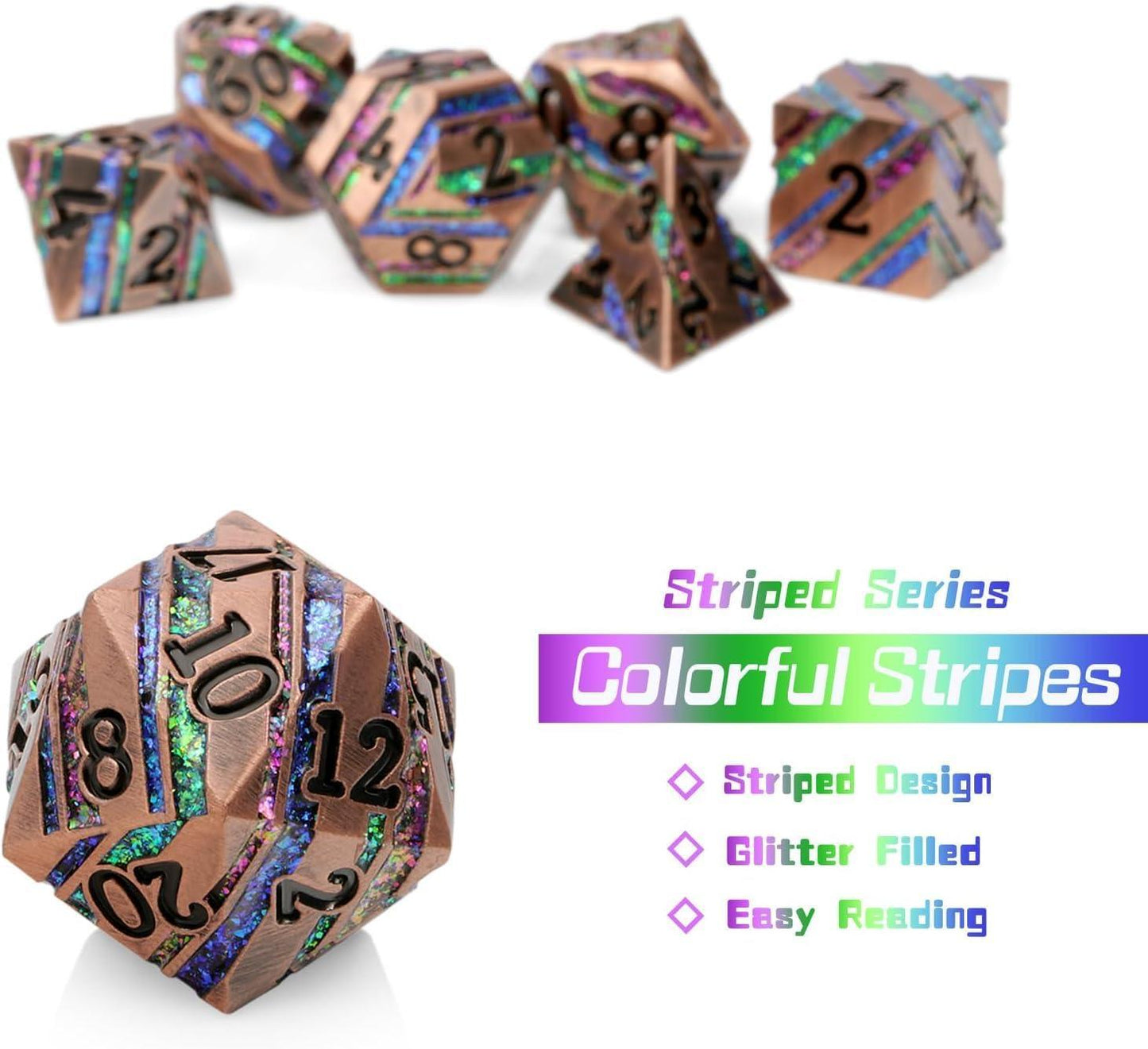 Kaleidoscope Dream Stripe Metal Dice Set - Living Skies Games