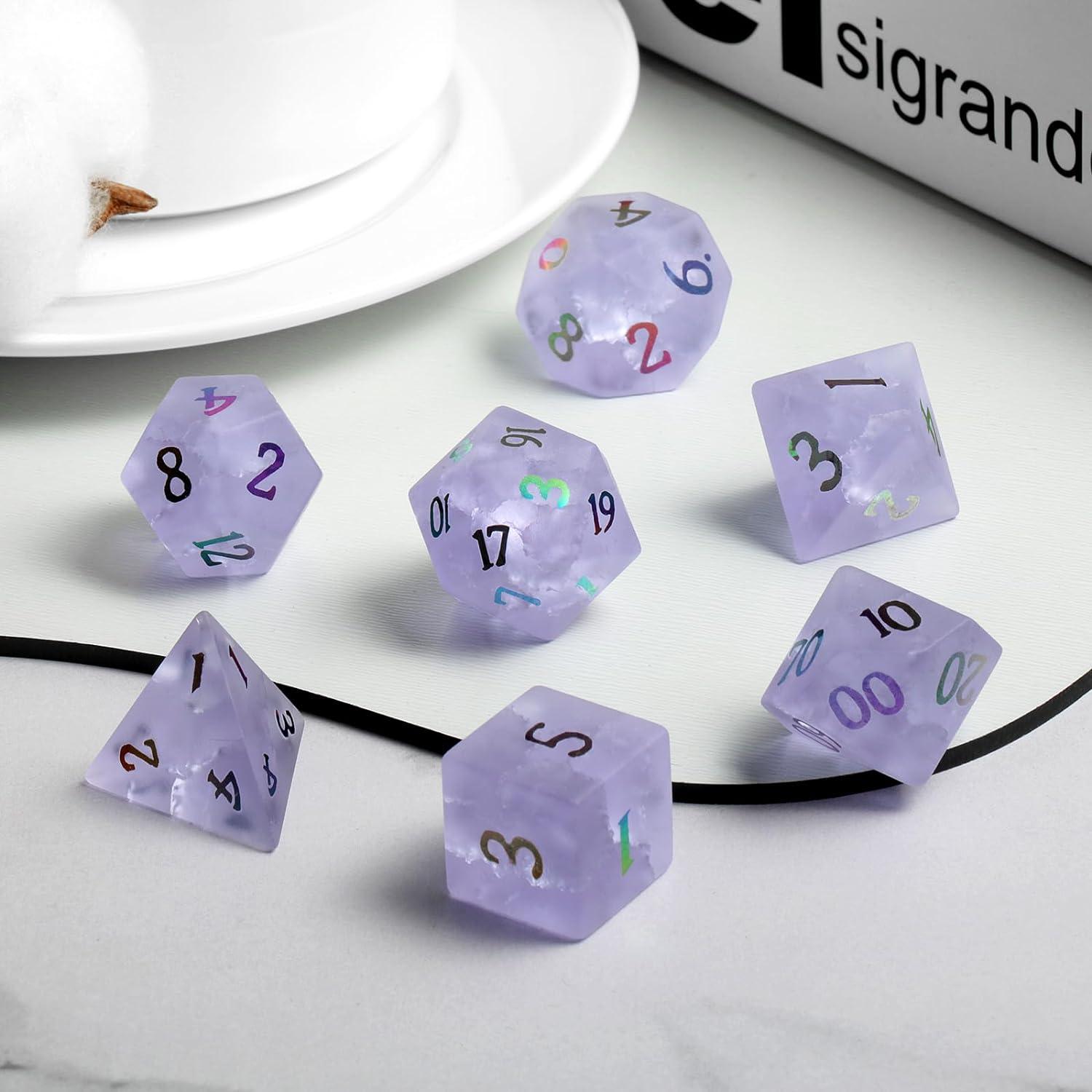 Lavender Veil Frosted Lilac Fissure Glass Dice Set - Living Skies Games