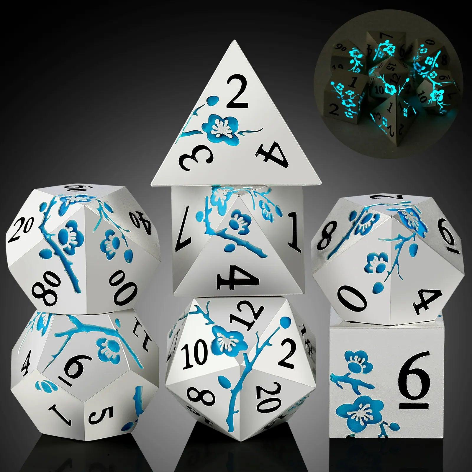 Luminous Blue Photochromic Silver Metal Dice Set - Living Skies Games