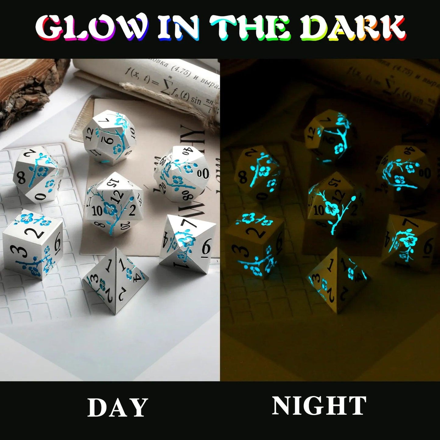 Luminous Blue Photochromic Silver Metal Dice Set - Living Skies Games