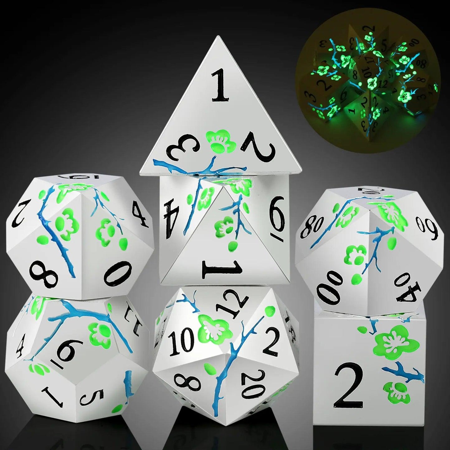 Luminous Green Photochromic Silver Metal Dice Set - Living Skies Games