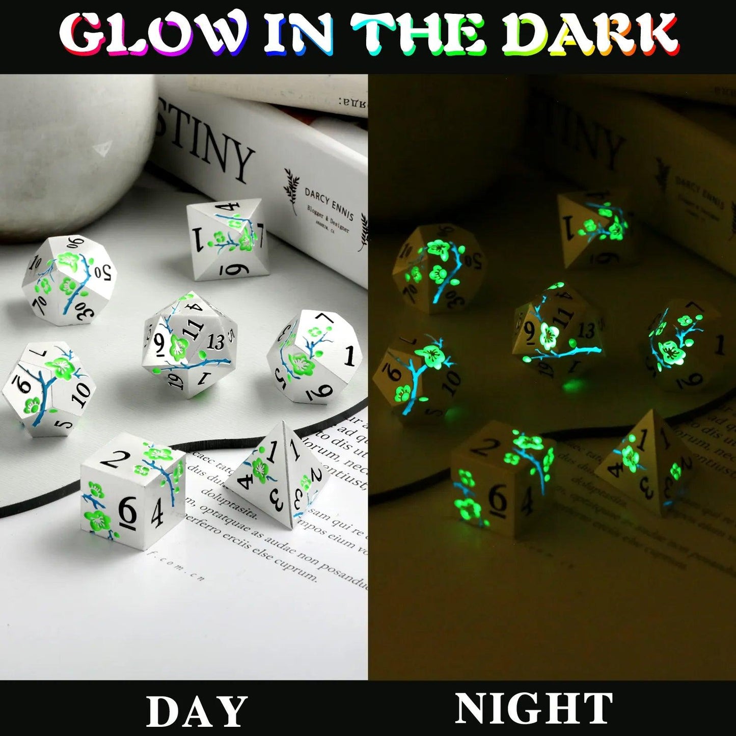 Luminous Green Photochromic Silver Metal Dice Set - Living Skies Games