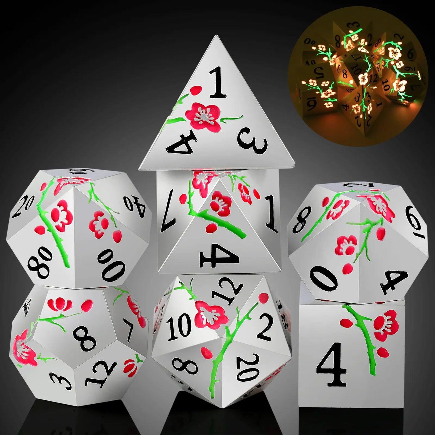 Luminous Pink Photochromic Silver Metal Dice Set - Living Skies Games