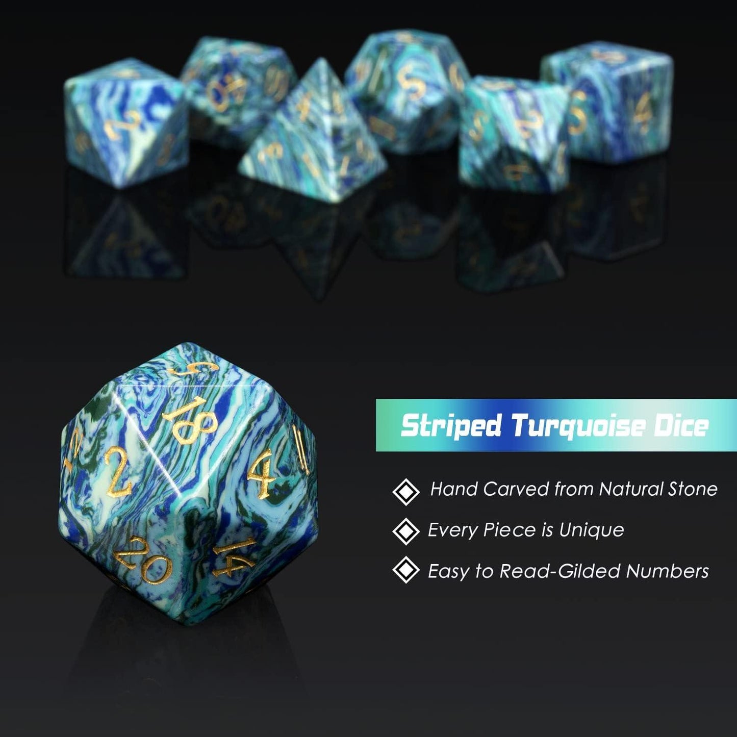 Synthetic Stone Blue Turquoise with Stripes Pathfinder's Dice Set - Living Skies Games