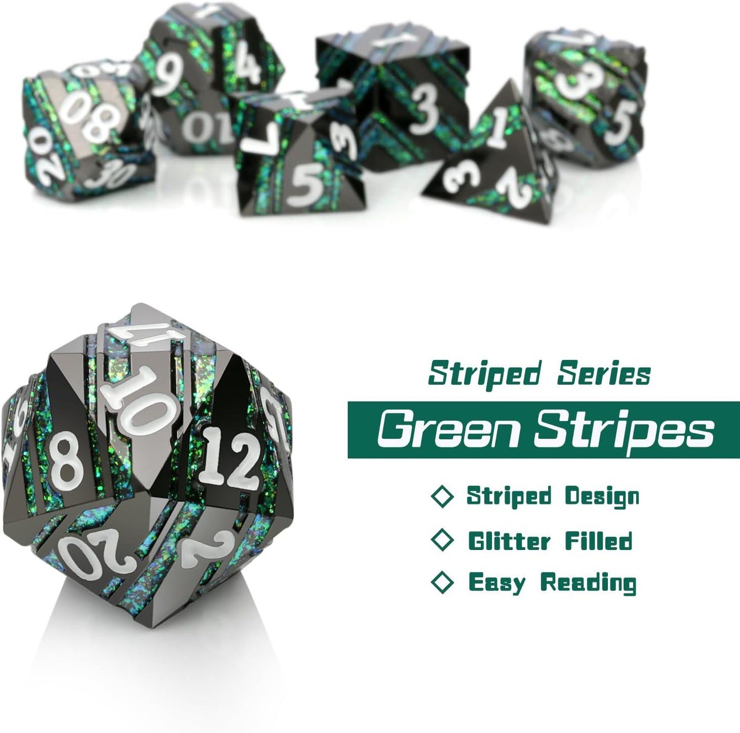 Verdant Shadow Stripe Metal Dice Set - Living Skies Games