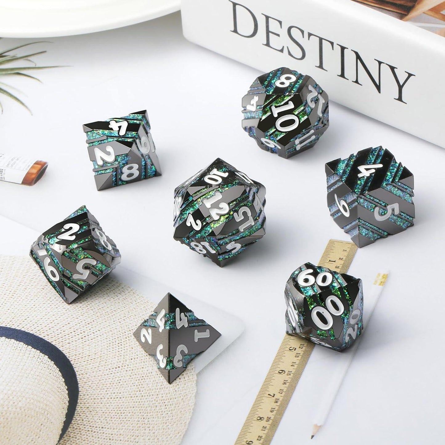 Verdant Shadow Stripe Metal Dice Set - Living Skies Games